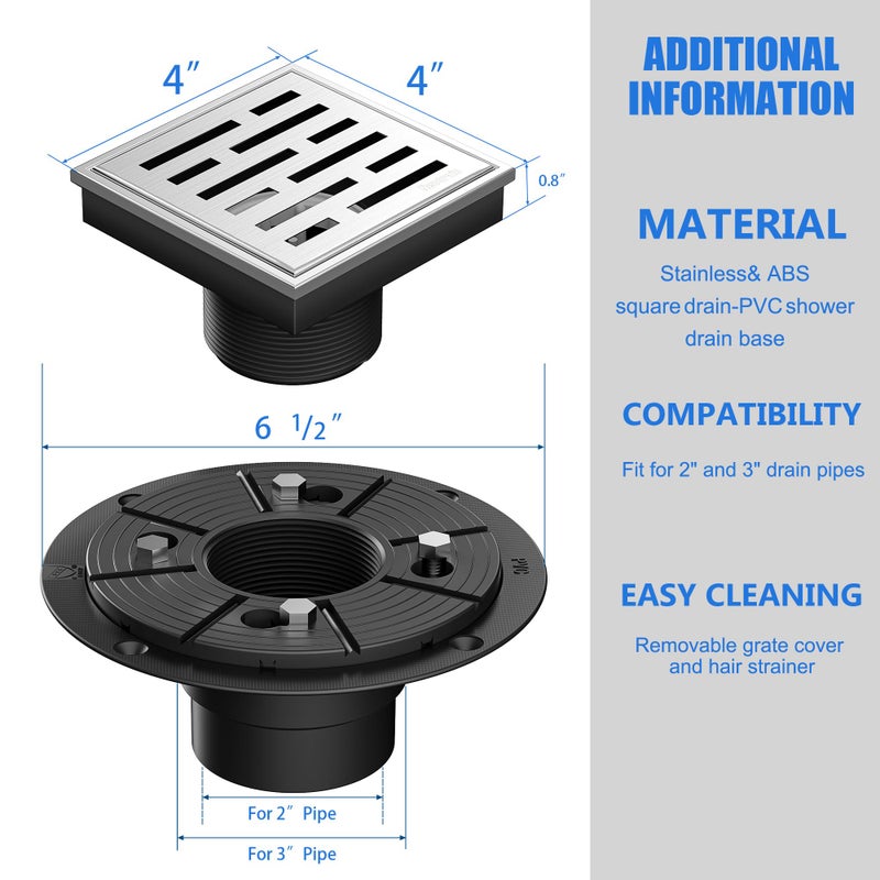 Neodrain Square Shower Drain, 4 inch Stainless Steel 304 Grate and PVC Drain Body, Brick Pattern Grate with Brushed Nickel Finish, Kit Includes Hair Trap/Strainer,Lifting Hook and PVC Drain Base - Image 3